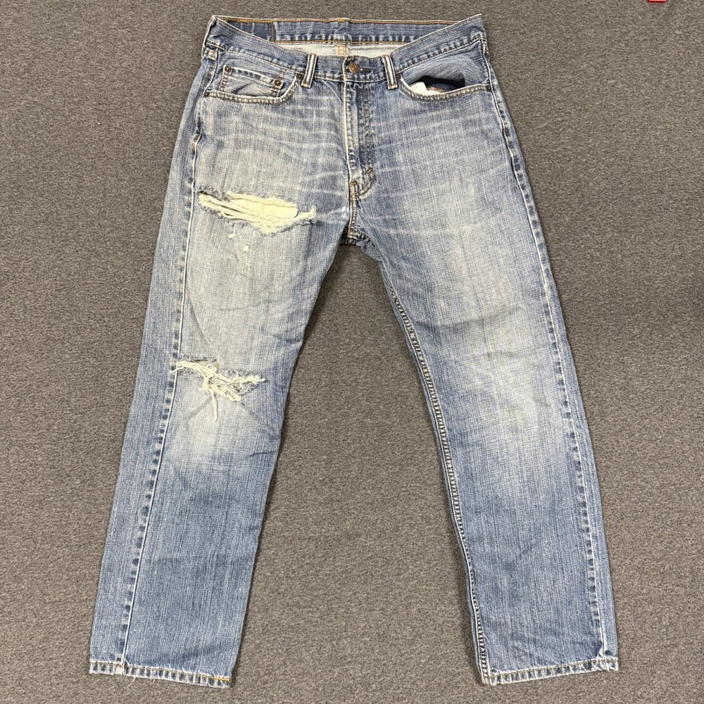 Modern Levis 505 Straight Leg Jeans Mens 34x30 Blue Good Distressed Ripped Denim